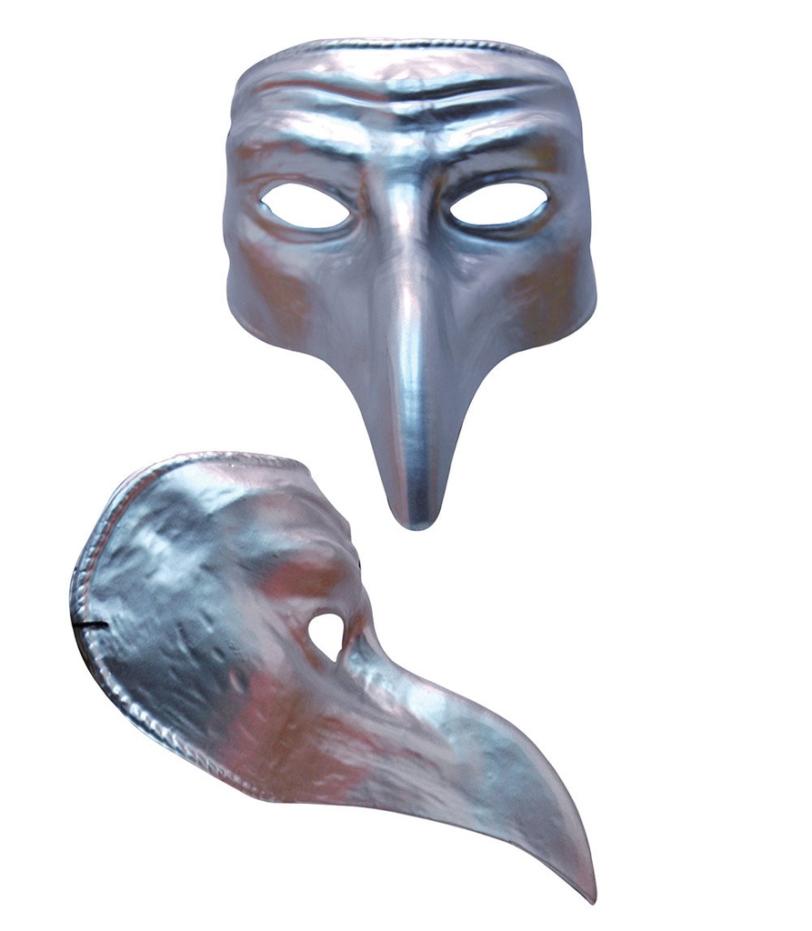 Masker zilver met lange snavelneus/ Venetiaans pestmasker plastic