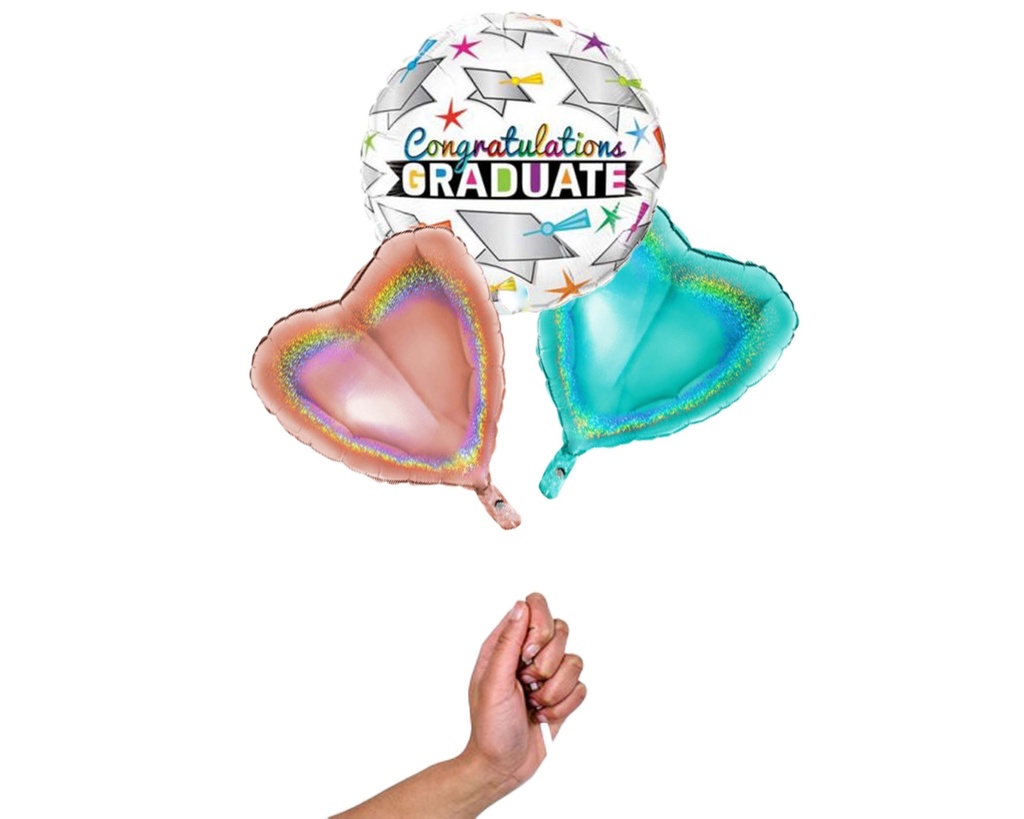 Folie helium ballonnen Congratulations Graduate Caps & Stars, tros van 3 folie ballonnen