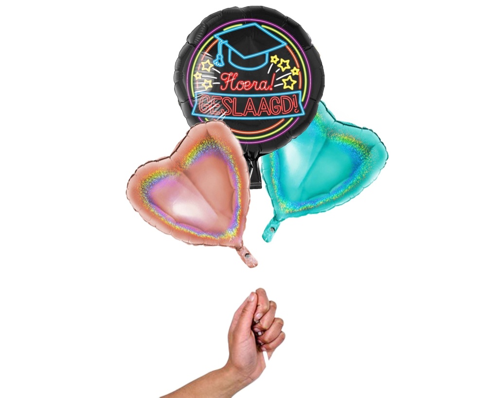 Folie helium ballonnen Hoera Geslaagd Neon, tros van 3 folie ballonnen