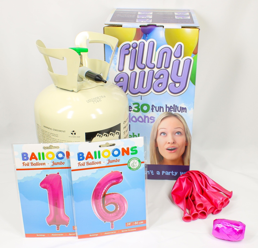 Bus helium voor 30 ballonnen inclusief 2 foliecijfers donker roze 34", een zakje ballonnen van 10 stuks en een rolletje krullint in de kleur donker roze