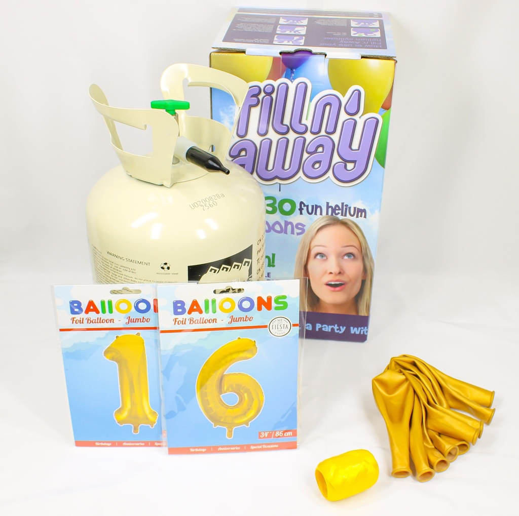 Bus helium voor 30 ballonnen inclusief 2 foliecijfers goud 34", een zakje ballonnen van 10 stuks en een rolletje krullint in de kleur goud