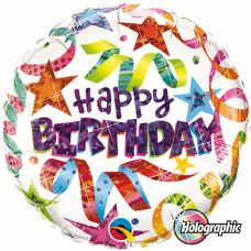 [41602] Folie helium ballon Happy Birthday holographic stars & streamers