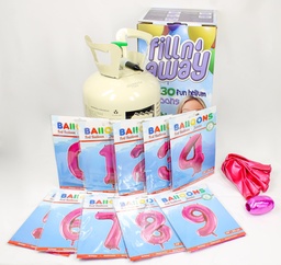Bus helium voor 30 ballonnen inclusief 2 foliecijfers donker roze 34", een zakje ballonnen van 10 stuks en een rolletje krullint in de kleur donker roze