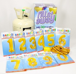 Bus helium voor 30 ballonnen inclusief 2 foliecijfers goud 34", een zakje ballonnen van 10 stuks en een rolletje krullint in de kleur goud